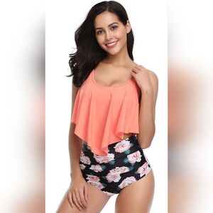 Two Piece Bathing Suit Top Ruffled Racerback High Waisted Tankini MEDIUM